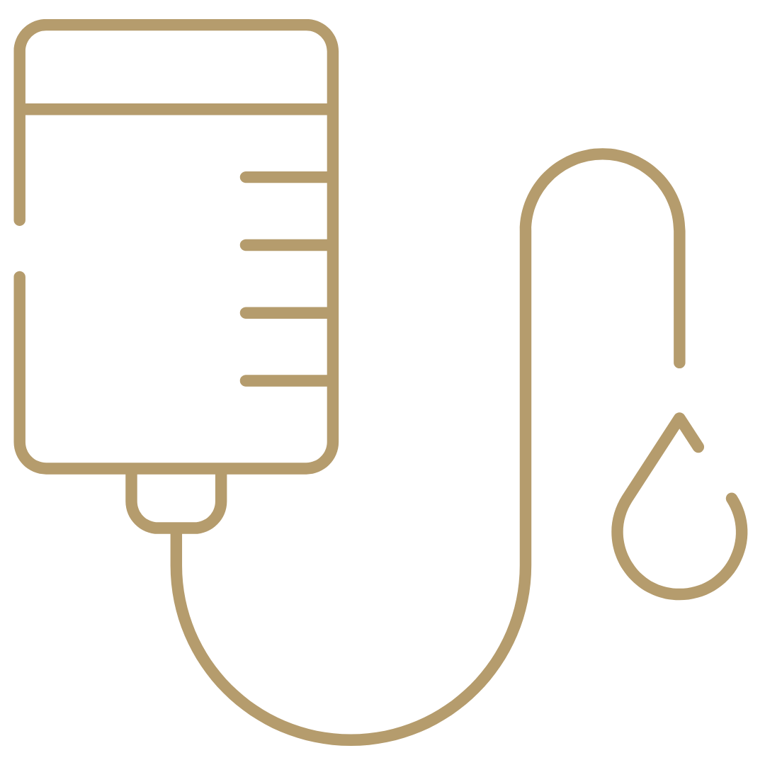 Outline of an IV bag connected to a dropper bottle with a curved tube.