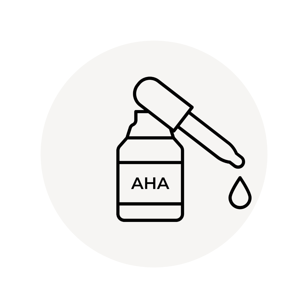 Line drawing of a bottle labeled 'AHA' with a dropper dispensing liquid.
