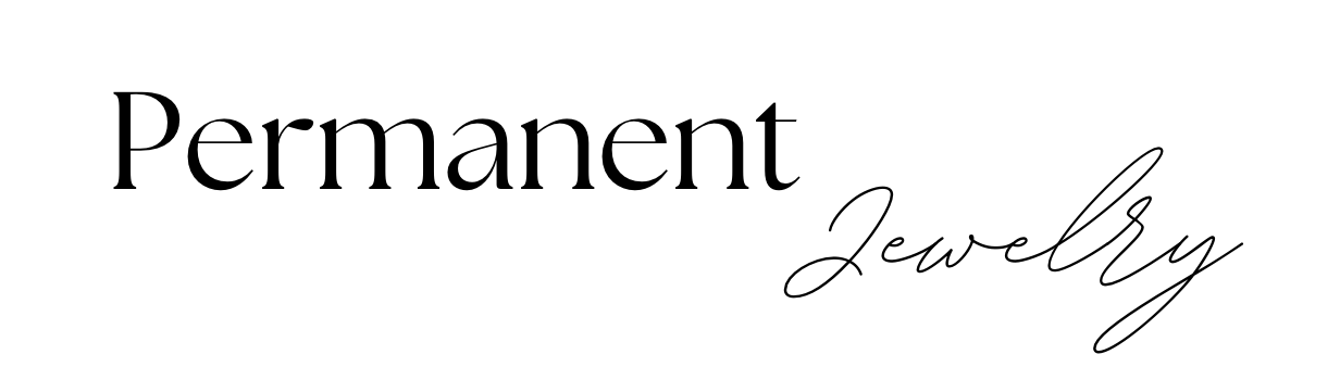 Text displaying the words "Permanent Jewelry" with "Permanent" in bold serif font and "Jewelry" in elegant cursive script.