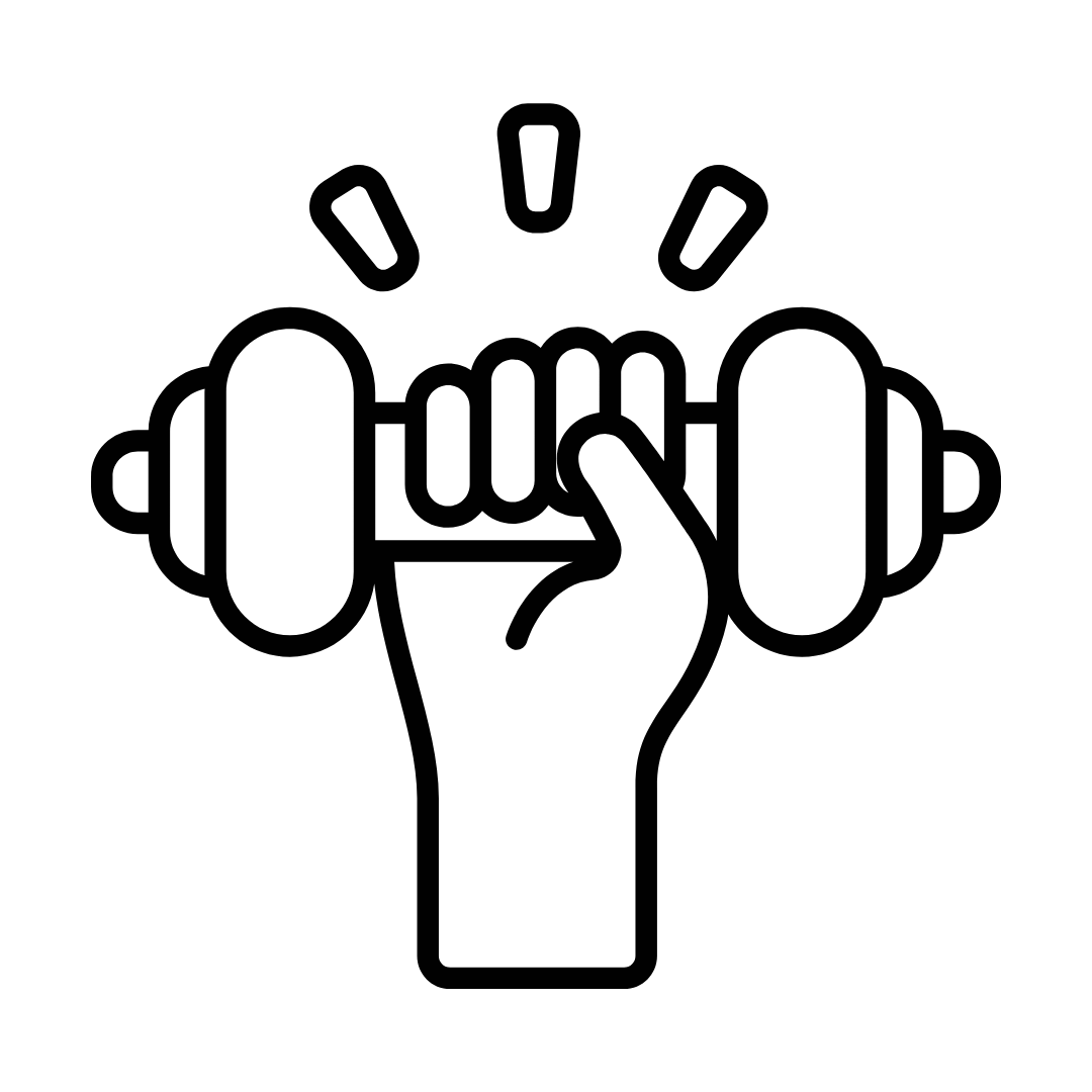 Outline drawing of a hand gripping a dumbbell, with the word 'WORK' written across the hand.