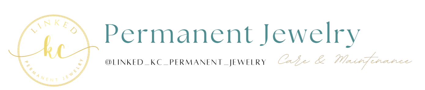 Logo for Linked KC Permanent Jewelry featuring a circular design with the words Linked and Permanent Jewelry, and the initials 'kc' in the center. The slogan 'Care & Maintenance' appears in script.