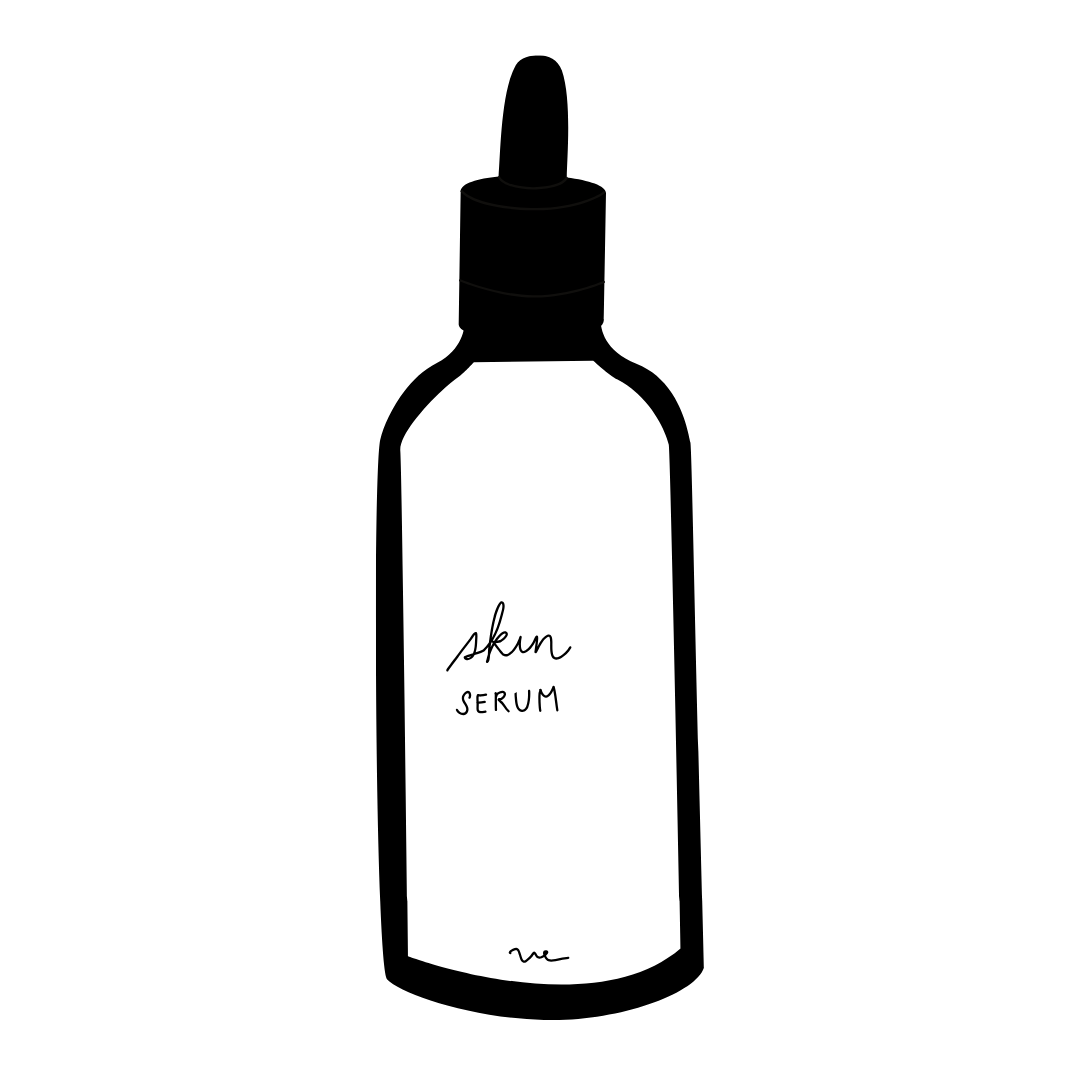 A minimalist black and white illustration of a bottle labeled 'skin serum' in handwritten style.