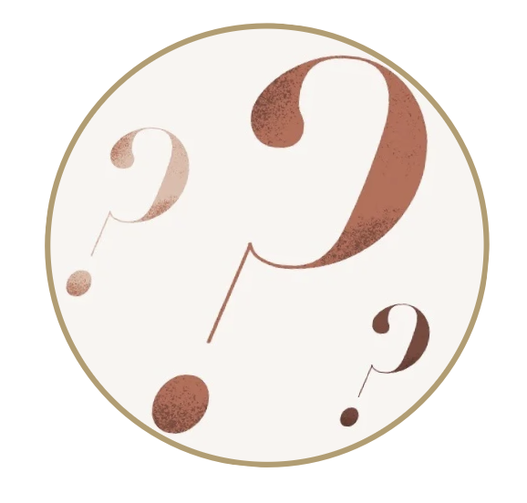 A round clock face with three question marks in the center, each with a shadow effect.