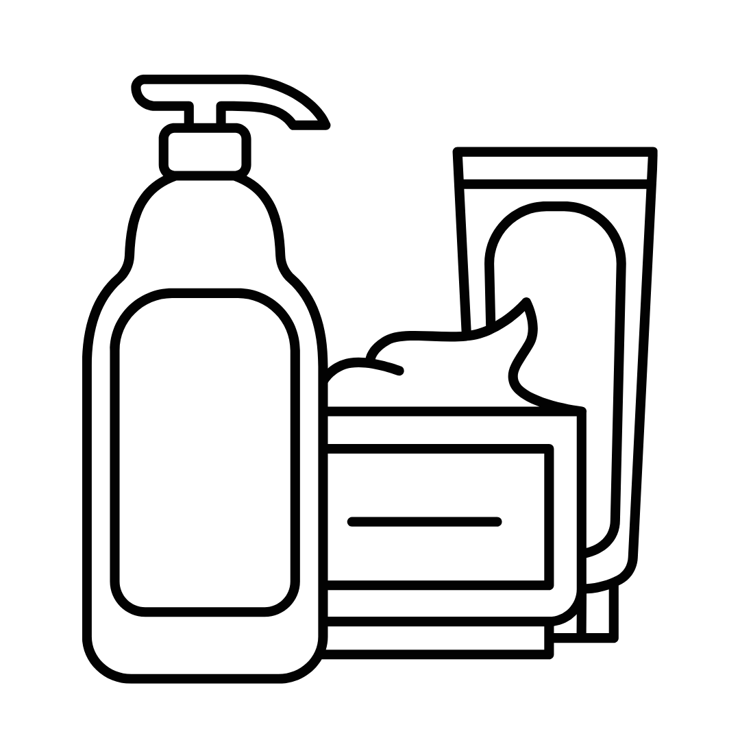 Outline of hand sanitizer bottle with pump, a tube of hand cream, and a small container of cream.