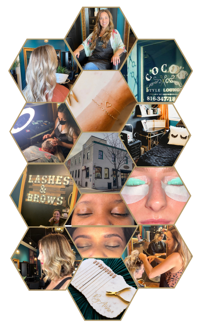A collage of images showing moments in a beauty salon, including women getting eyelash extensions and makeup, jewelry, and salon decor.