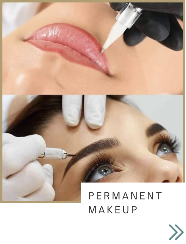 Two images showing cosmetic procedures. The top image features a person receiving lip injections with a syringe, and the bottom image depicts a person getting permanent eyebrow makeup with a specialized tool. The text overlay reads 'PERMANENT MAKEUP'.