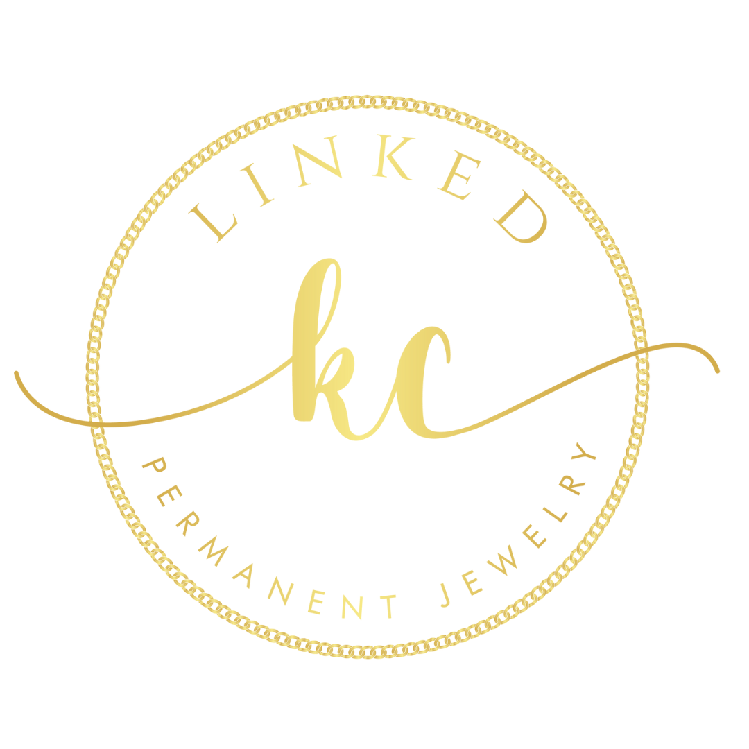 Logo for Linked, a Permament Jewelry brand, featuring the initials 'kc' in gold cursive within a circular dotted border, with the words 'Linked' at the top and 'Permament Jewelry' at the bottom.