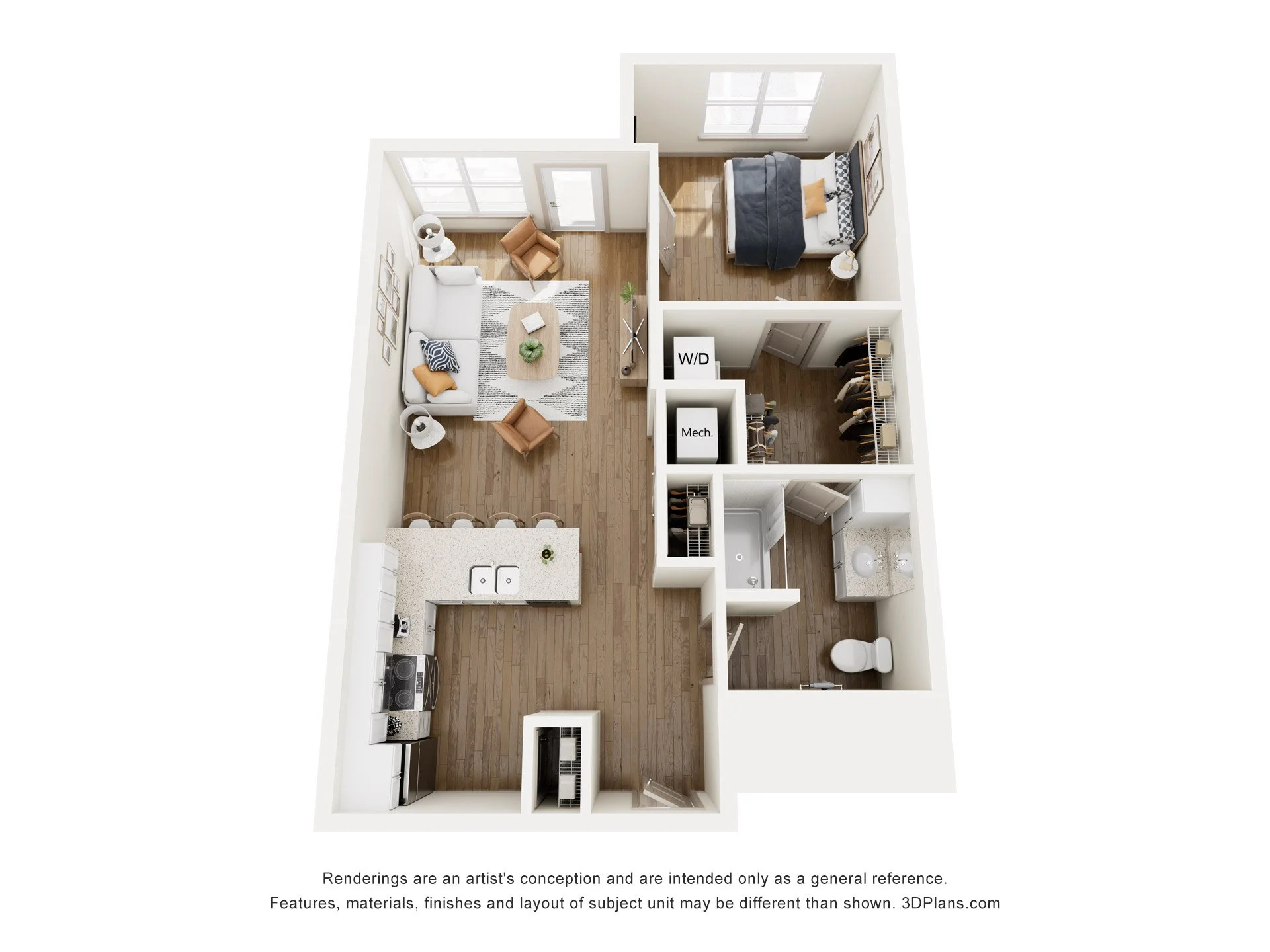 A 3D floor plan of a one-bedroom apartment with an open living room and kitchen, bedroom, bathroom, laundry area, and walk-in closet.