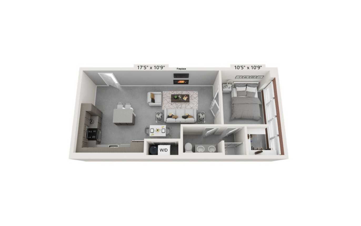 A 3D floor plan of a one-bedroom apartment in Kansas City