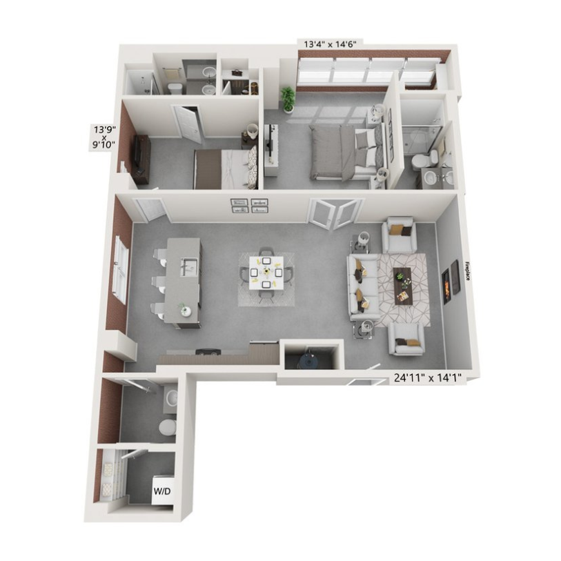 A 3D floor plan of a two-bedroom apartment in Kansas City