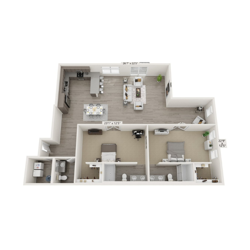 A 3D floor plan of a two-bedroom apartment in Kansas City