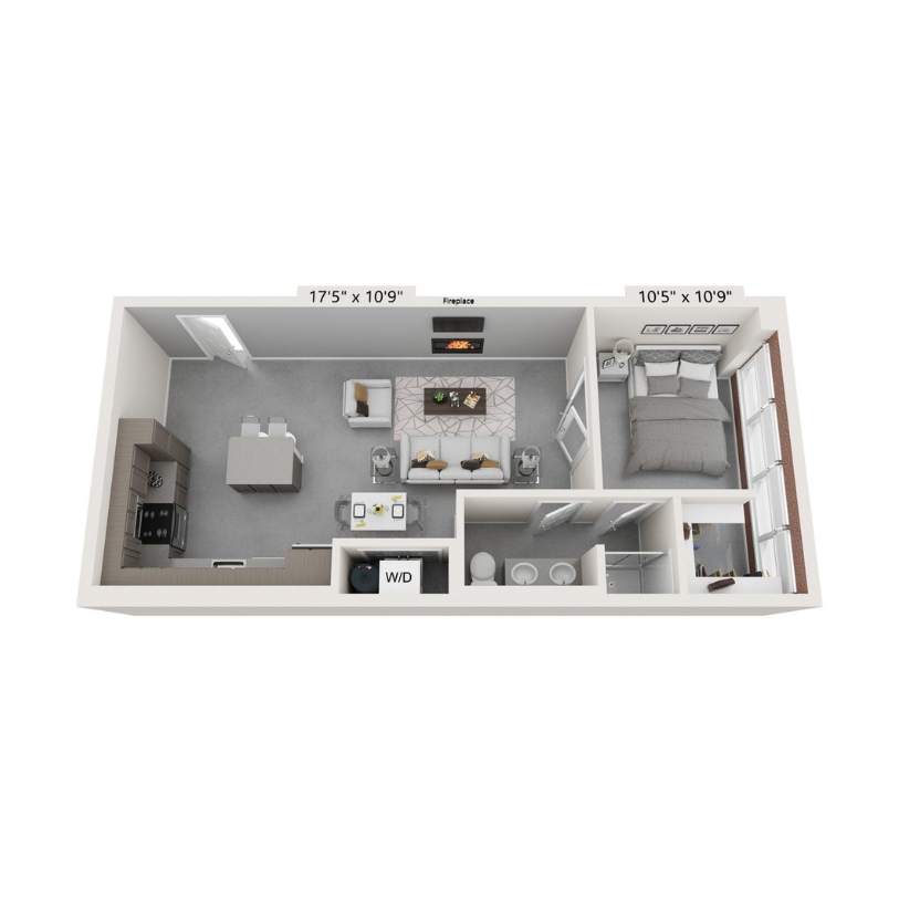 A 3D floor plan of a one-bedroom apartment in Kansas City