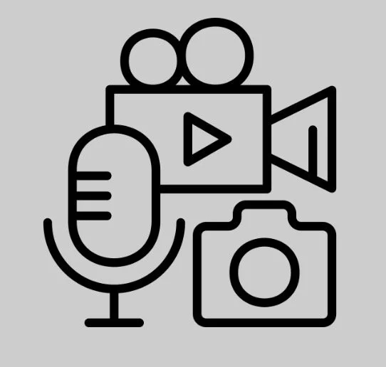 Line art icon of a microphone, video camera, camera, and film reels.