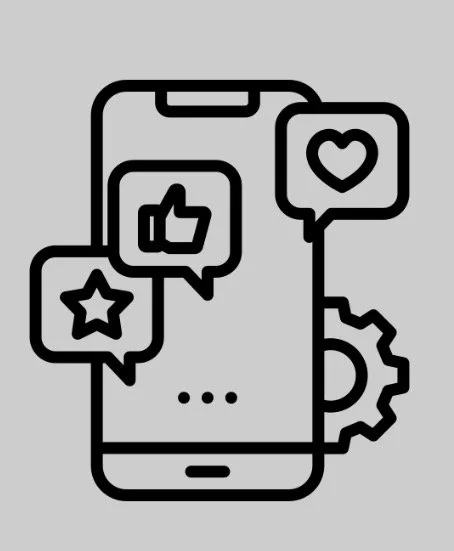 Line drawing of a smartphone with social media icons: thumbs up, heart, star, and gear.