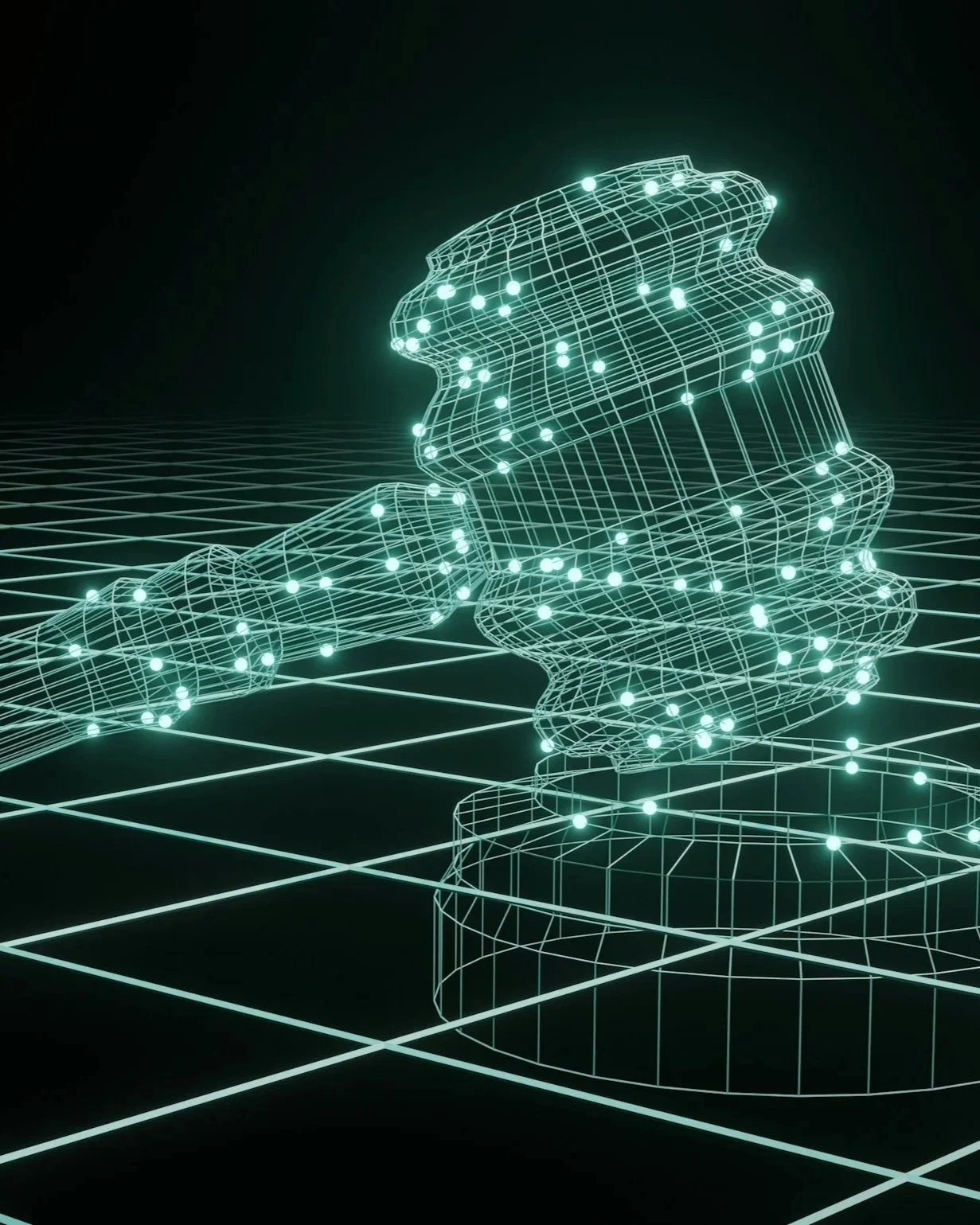 Digital wireframe rendering of a horse made of glowing lines and dots, with a grid background.