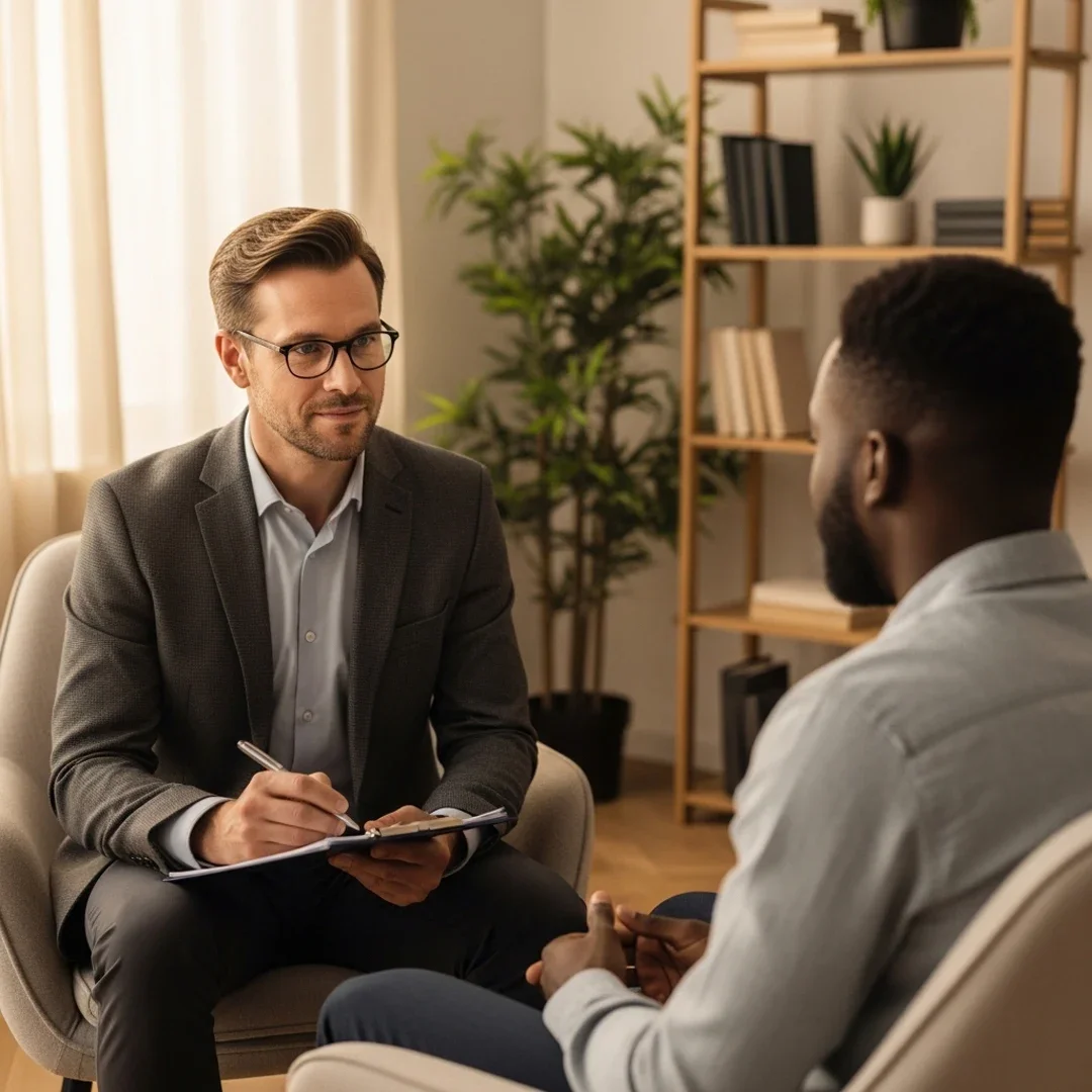 Two women having a conversation in a cozy, well-lit room with artwork and a lamp in the background.