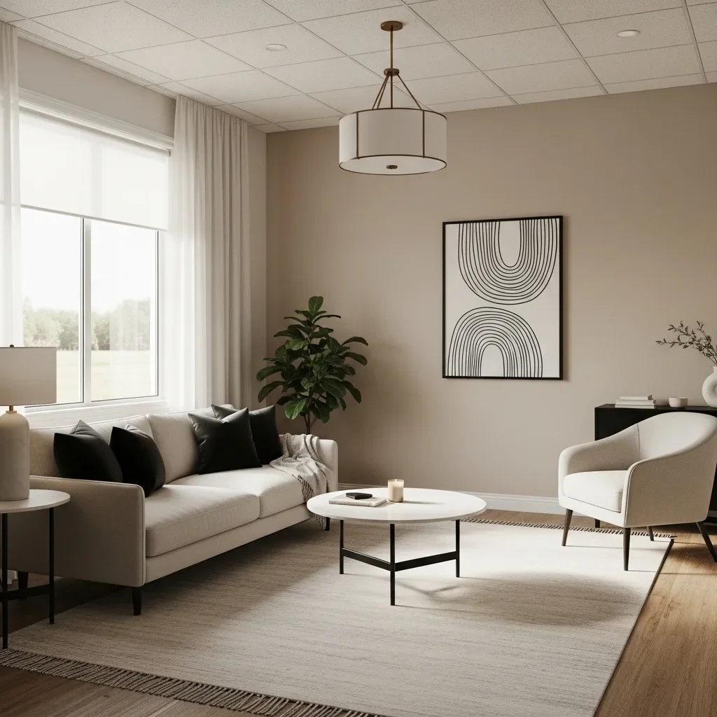 A modern living room with a beige sofa, black cushions, a white armchair, a round white coffee table, a potted plant, a wall art with black lines, a window with white curtains, a side table with a lamp, and minimalist decor.