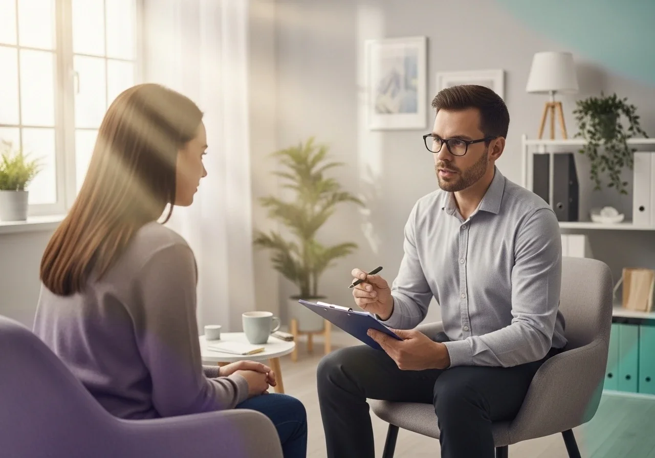 A woman sitting on a bed with her face resting in her hands, looking out thoughtfully, surrounded by indoor plants and wall decor.