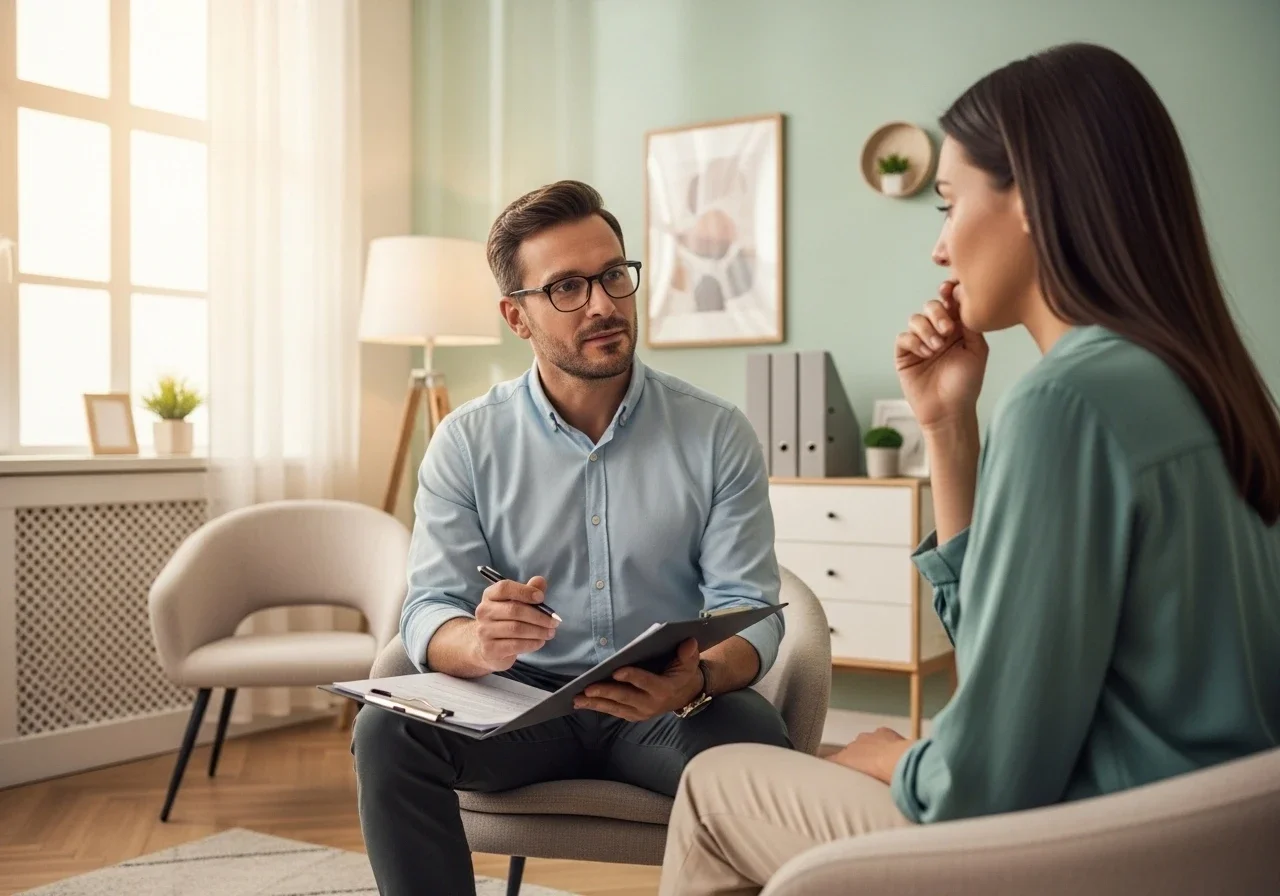 A woman leading a support or therapy group sits in a chair while five women sit on either side listening attentively and engaging in discussion in a cozy, well-lit room with dark walls, a large window, a standing lamp, and hanging light fixtures.