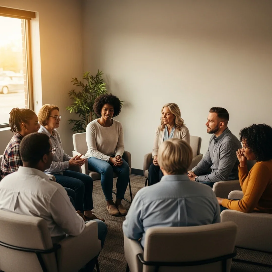 Family sitting together in a cozy room, with a woman smiling at someone across from her and other people sitting and talking in the background.