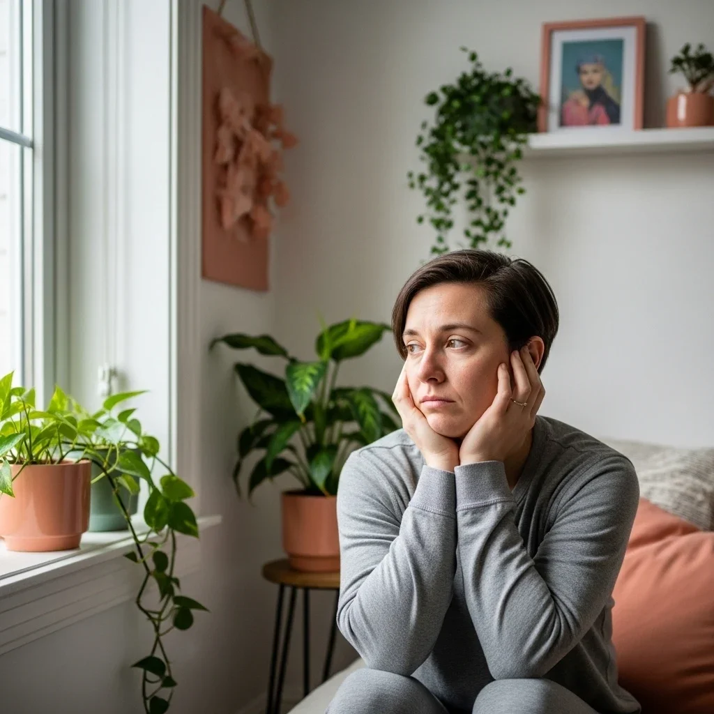 A woman sitting on a bed with her hands on her face, looking out the window. The room has houseplants and framed artwork on the wall.