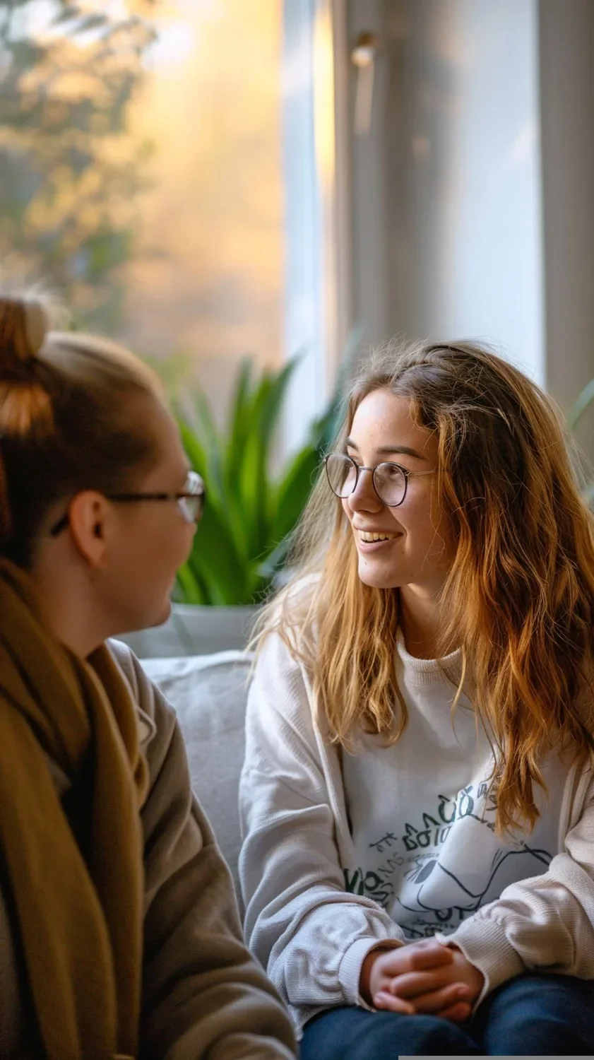 Two young women with glasses, smiling and engaging in conversation indoors near a window with green plants in the background.