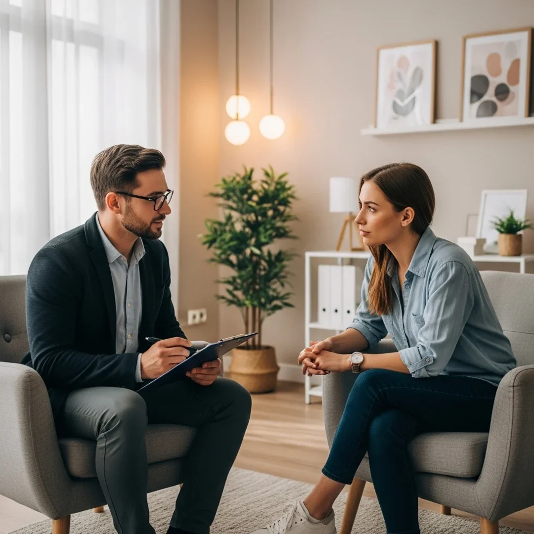 A woman and a man sitting on separate couches in a living room, engaging in a conversation. The room has pastel-colored wall art, a lampshade, and soft lighting.