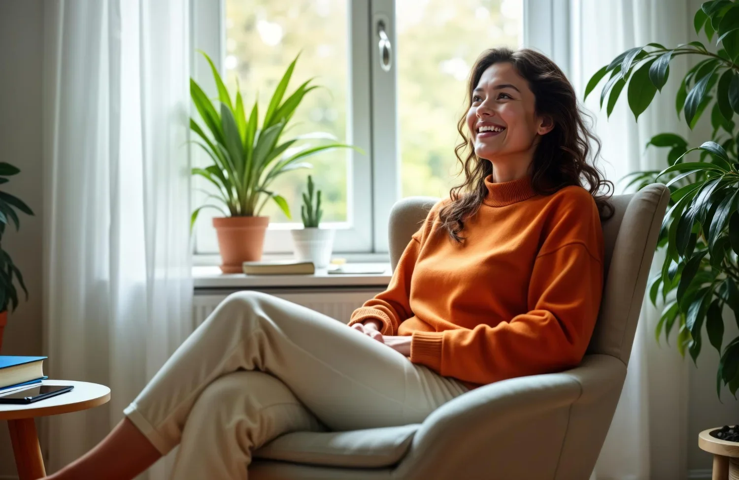 A smiling woman sitting in a comfortable armchair in a sunlit room with green plants and a window in the background.