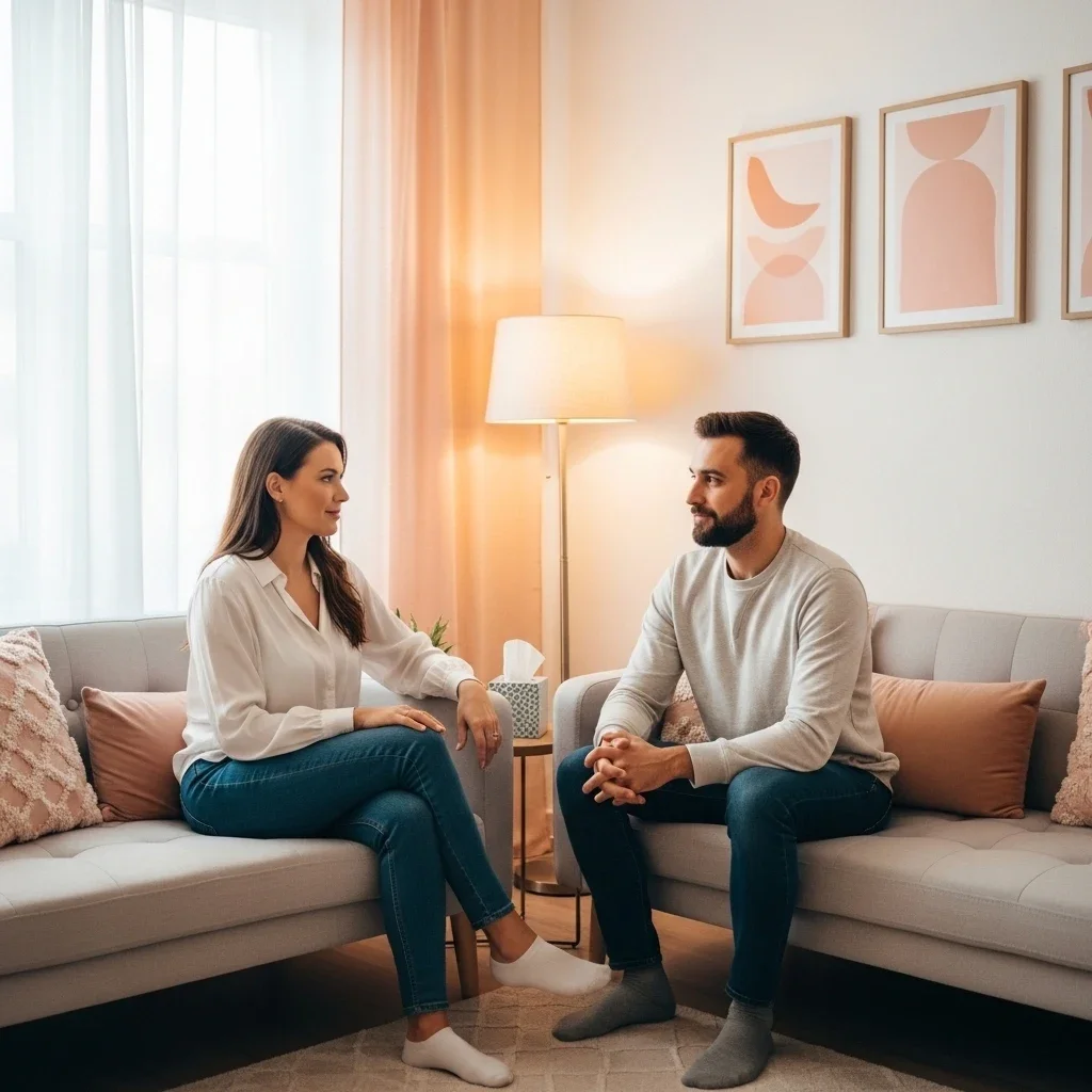 A woman and a man sitting on beige couches in a living room, having a conversation. The room has pastel-colored abstract art on the wall, a floor lamp, and a window with sheer curtains.
