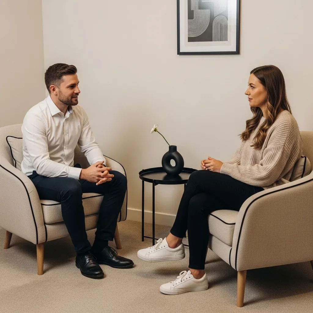 A man and woman having a conversation in a therapist's office. They are sitting in armchairs across from each other with a small black table between them. The table has a black vase with a white flower. There is a framed abstract art piece on the wall behind them.