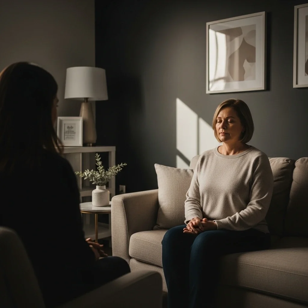 A woman is sitting on a sofa with her eyes closed, during a therapy session, opposite a counselor in a dark-colored room with framed artwork and a table with a plant, illuminated by natural light.