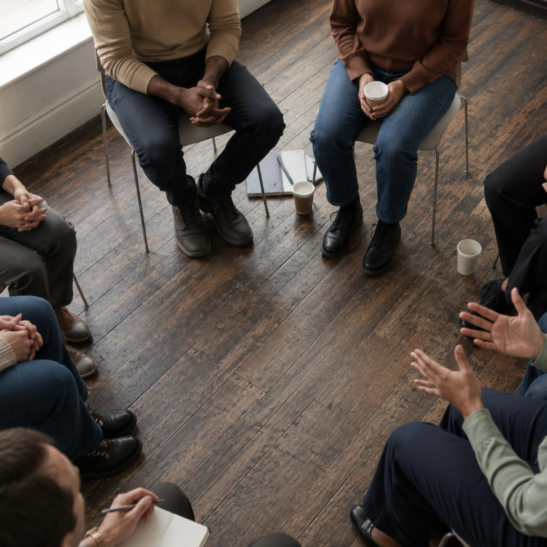 Diverse group therapy session at a counseling practice serving Charlotte and Matthews, NC