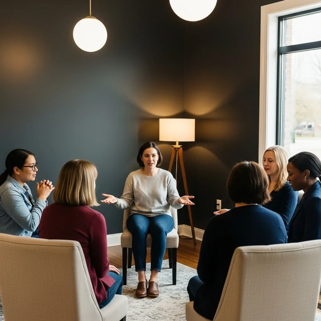 A woman leading a discussion in a group therapy or support session with six women sitting in a circle in a cozy, well-lit room.