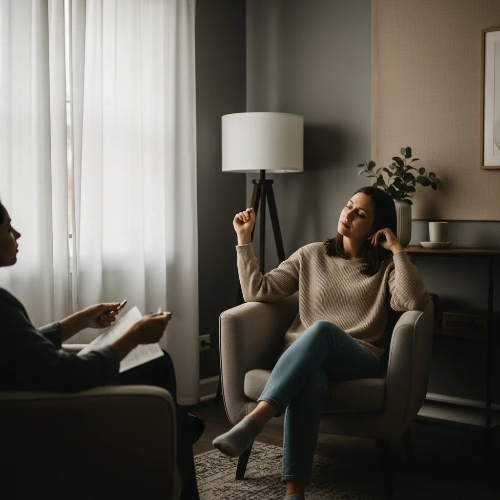 A woman in a beige sweater and blue jeans sitting in an armchair during a therapy session, talking to a therapist.