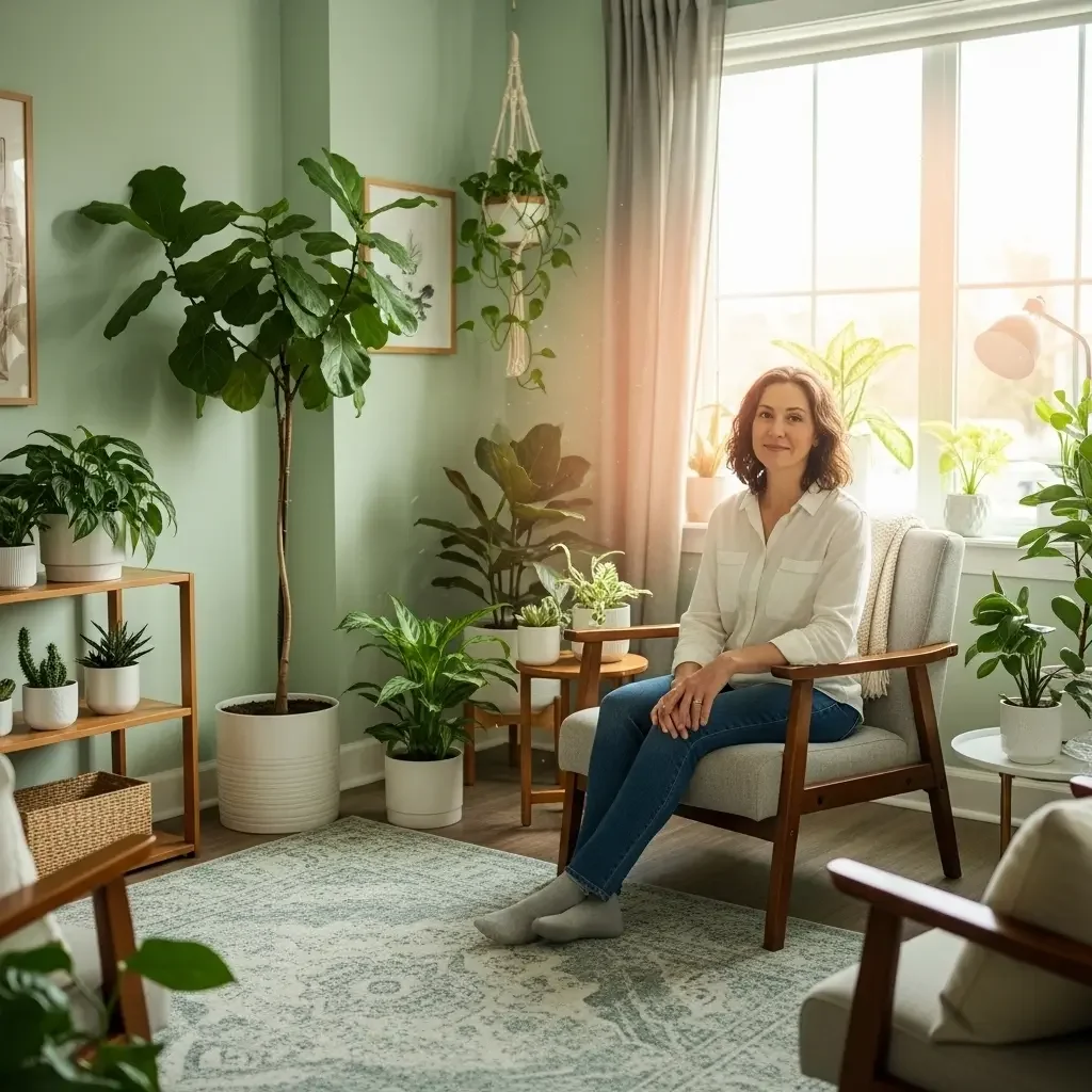 A woman sitting in a light-filled living room surrounded by various potted houseplants, with sunlight streaming through a window, creating a cozy and natural atmosphere.