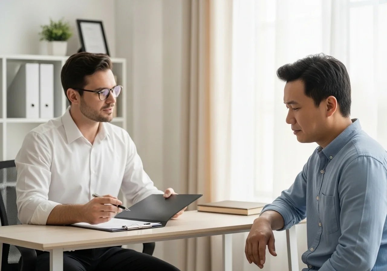 A woman leading a support or therapy group sits in a chair while five women sit on either side listening attentively and engaging in discussion in a cozy, well-lit room with dark walls, a large window, a standing lamp, and hanging light fixtures.