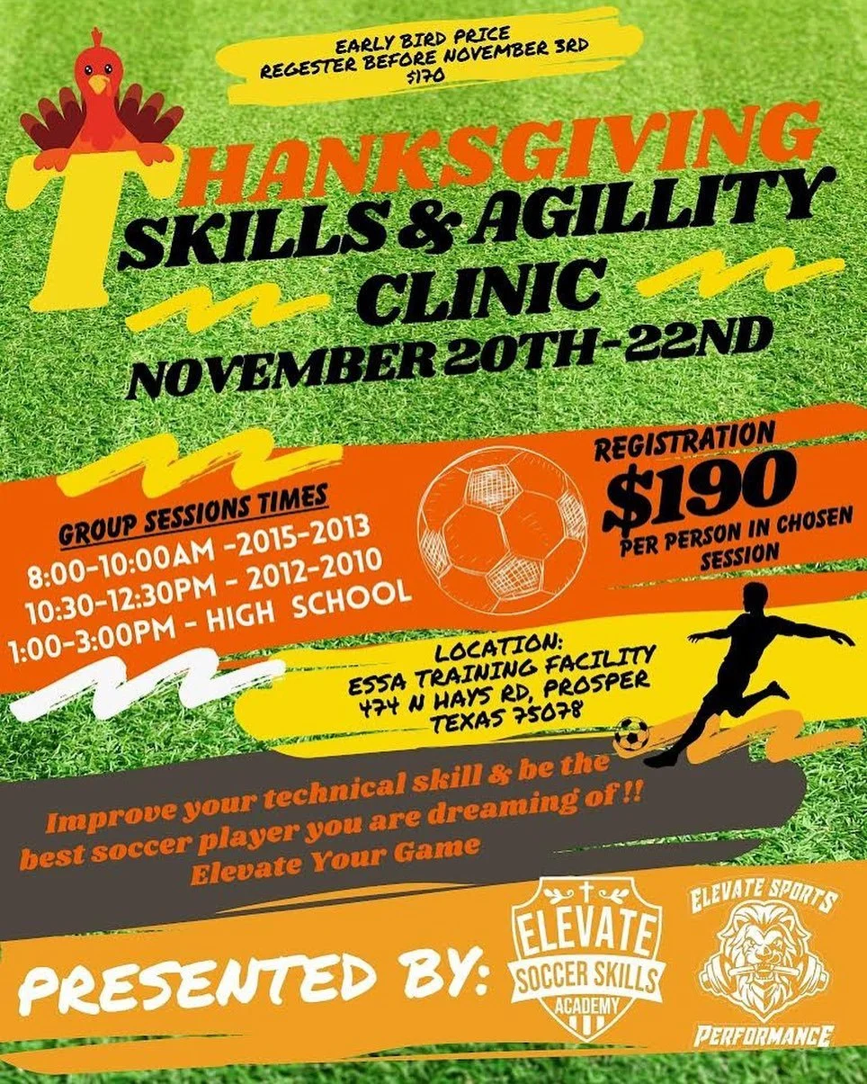Annual 2023 Thanksgiving‼️

Clinic will focus on 3 main areas: 

▪️Shooting
▪️Speed Mechanics
▪️Plyometrics

We have an Early Bird until November 3rd, sign up and don&rsquo;t miss out‼️ 3 Different groups:

🔸8-10am 2015&rsquo;s-2013&rsquo;s
🔹10:30-