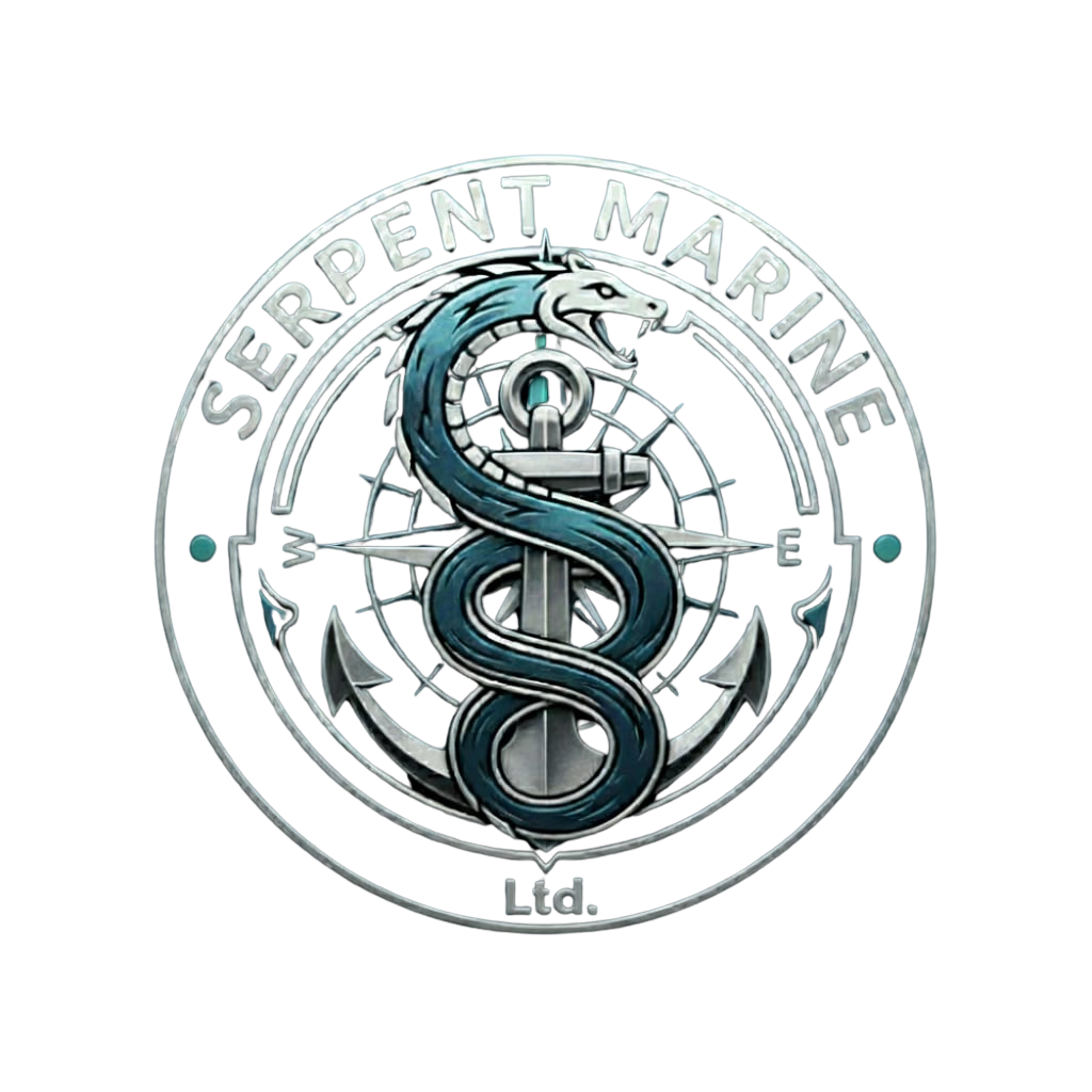 A circular emblem for the Sapper Marine unit with a snake wrapped around an anchor and a dragon head at the top, with a compass background.