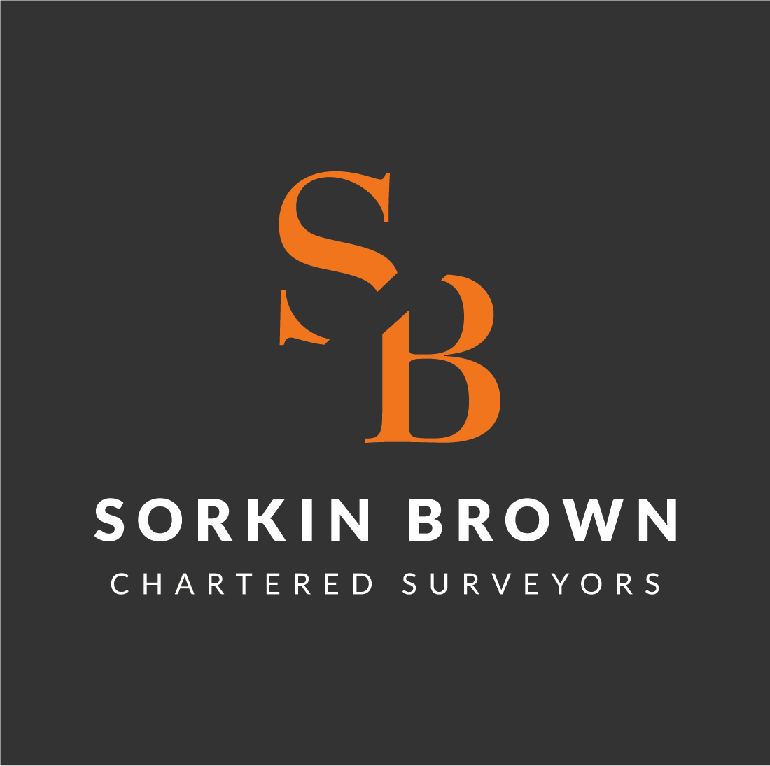 Logo for Sorkin Brown Chartered Surveyors featuring large orange initials 'S' and 'B' intertwined on a dark background, with company name and description in white text.