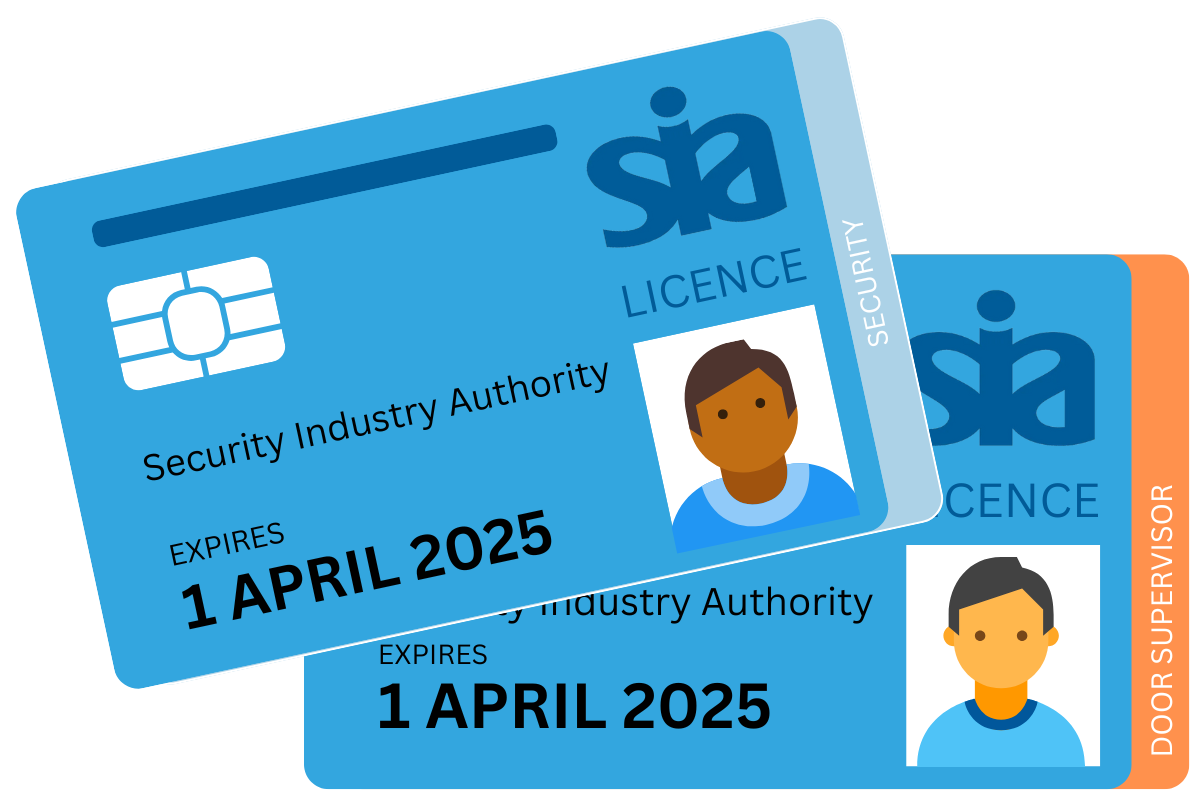 Two security industry authority licenses for security personnel, one for a woman and one for a man, with expiration date April 1, 2025, featuring the SIA logo, security icons, and a photo of each individual.