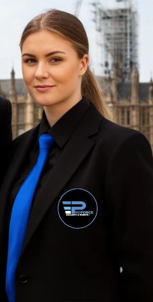 Young woman with brown hair in a ponytail wearing a black blazer with a blue tie, standing outdoors with a historic building and scaffolding in the background, featuring a security logo on her blazer.