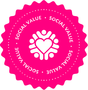 Pink badge with a heart surrounded by six smaller figures, and the words 'Social Value' repeated around the edge.