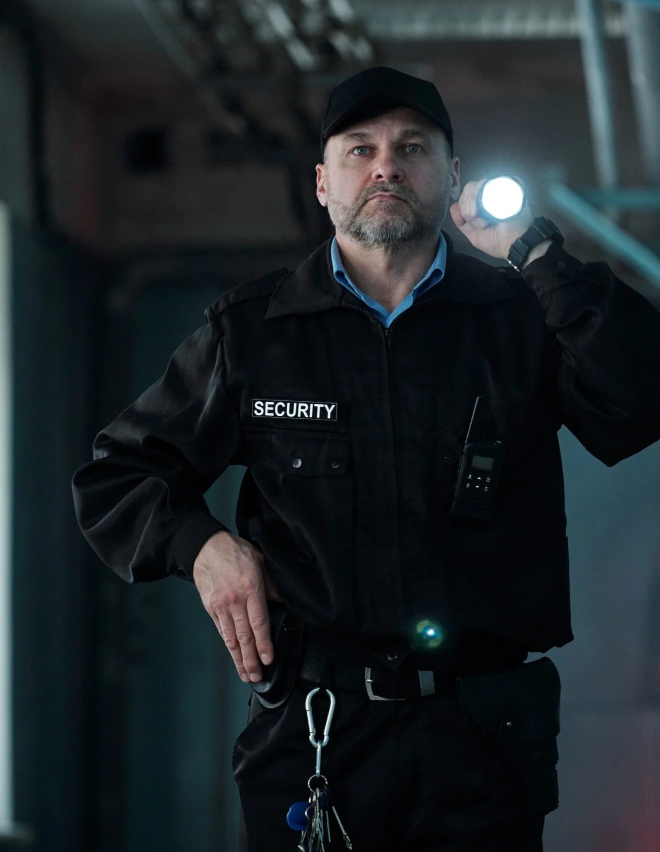 A security officer holding a flashlight in a dark setting, wearing a black uniform with a badge labeled "SECURITY," and carrying a set of keys and a walkie-talkie.