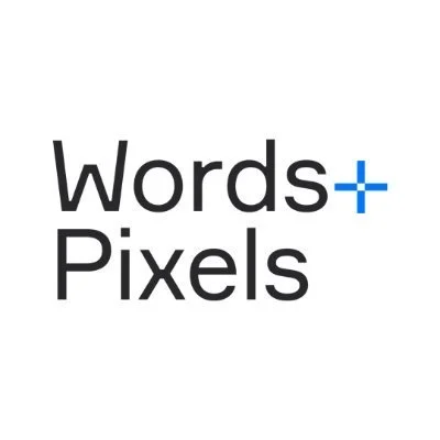 Logo with the text 'Words + Pixels' and a blue plus sign