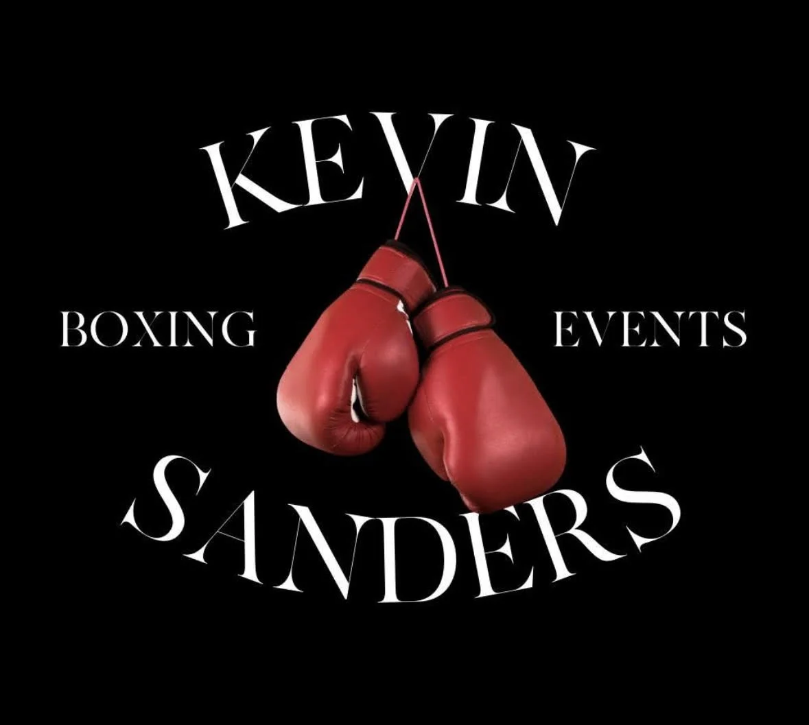 Boxing gloves hanging, surrounded by text that reads 'Kevin Sanders Boxing Events' with a black background.