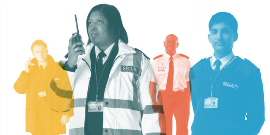 Group of security professionals in uniform, some with radios, standing together in a stylized, overlapping, colored overlay