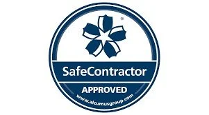 Safe Contractor Approved badge with a blue flower-like symbol