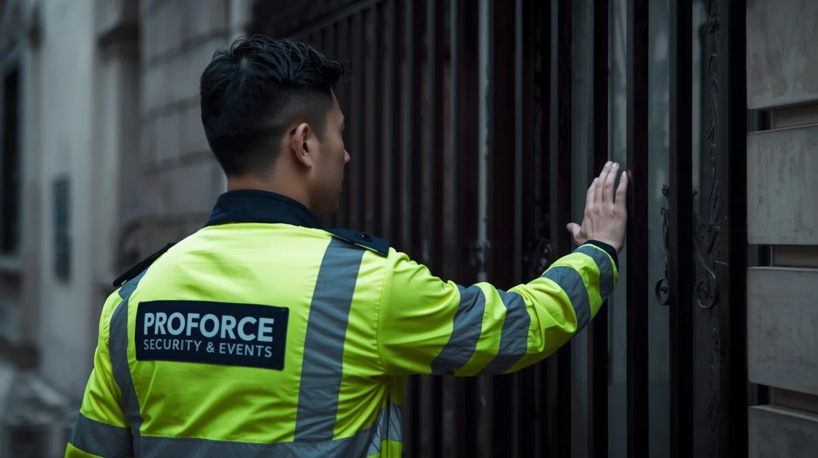 Security guard in a yellow and black uniform examining a gate.