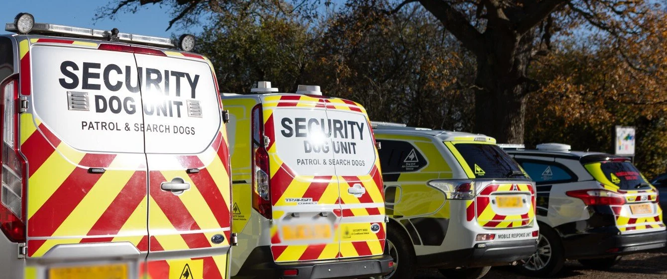 A row of security dog unit patrol and search cars with yellow and red reflective markings parked under trees.