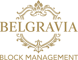 Logo for Belgravia Block Management with decorative gold flourish design.